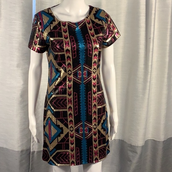 Sugar+Lips Multicolor Sequin Geometric Design Short Sleeve Mini Dress Sz S - Picture 1 of 11